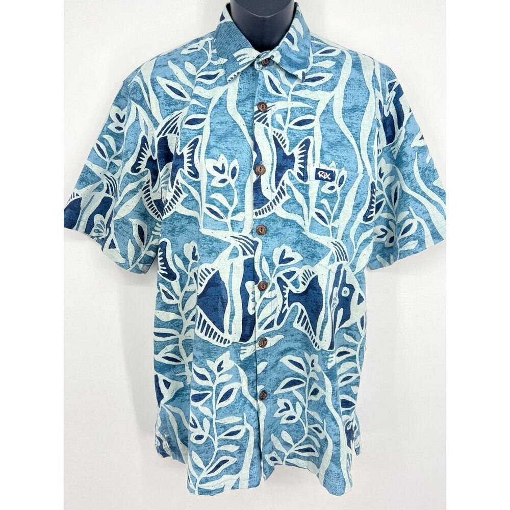 Rix Made In Hawaii Blue Fish Print Button-Up Mens Shirt Extra Small Linen EUC